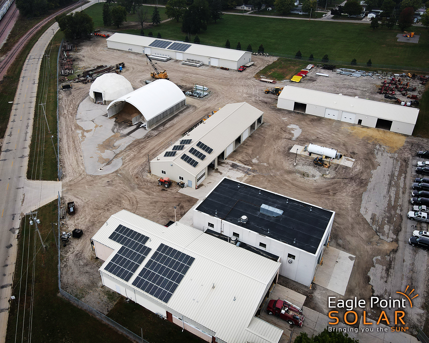 aerial view of solar panels on roofs of Black Hawk County Longfellow buildings