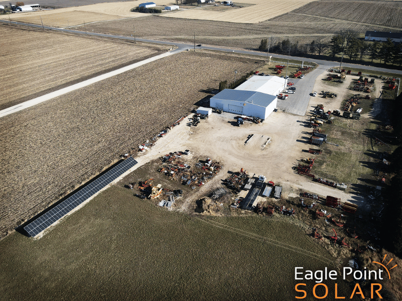 Overhead image of Helle Farm equipment with their new solar array after switching to renewable solar energy.