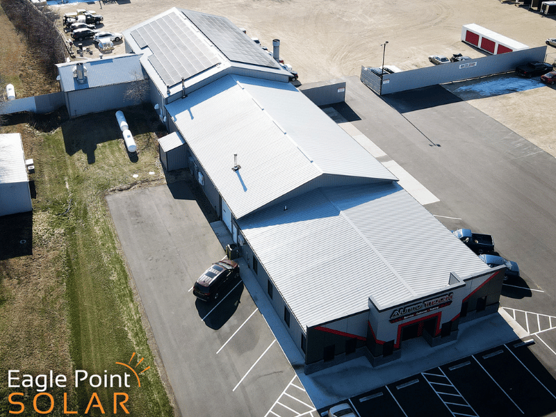 Overhead image of Auto Tech Inc. after installing a new solar array, switching to renewable solar energy.