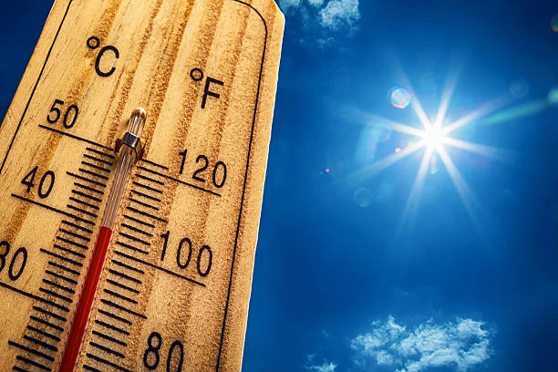 Thermometer Sun Sky. Hot summer day. High Summer temperatures in degrees Celsius and Farenheit.