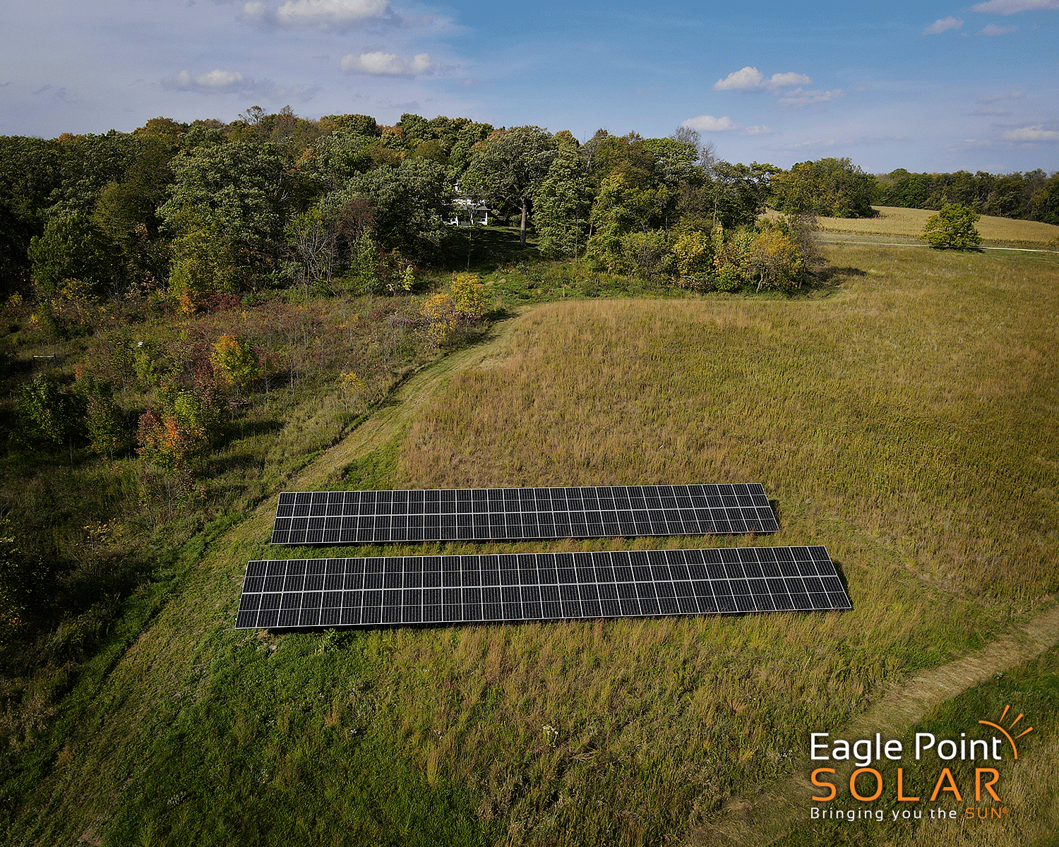 Close up ariel view of the solar array for the Cave of the Mounds visitor center.