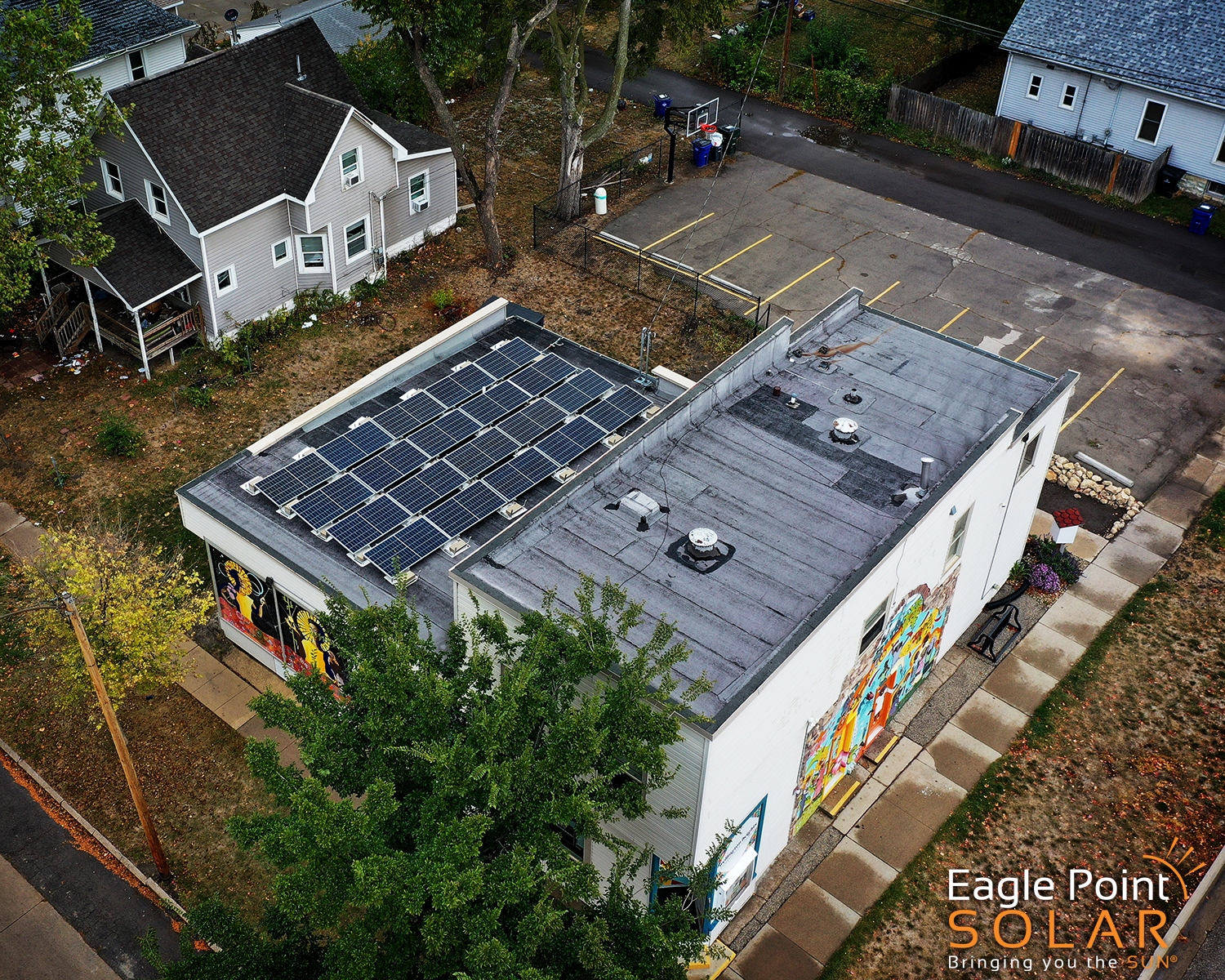 Overhead view of the solar array for the Wellington Heights Community Church.