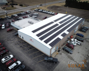 A business with solar panels installed on its roof