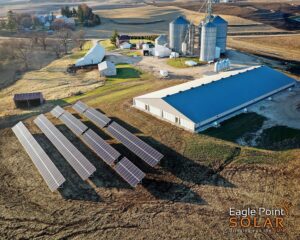 A farm with a solar array in a field