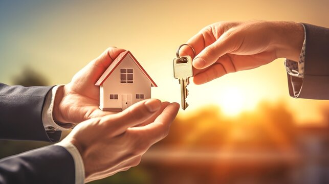 A photo illustration of a home sale involving handing over a key and a tiny model of a house