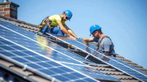 Workers installing a rooftop-mounted solar array. Rooftop arrays can have additional permitting requirements